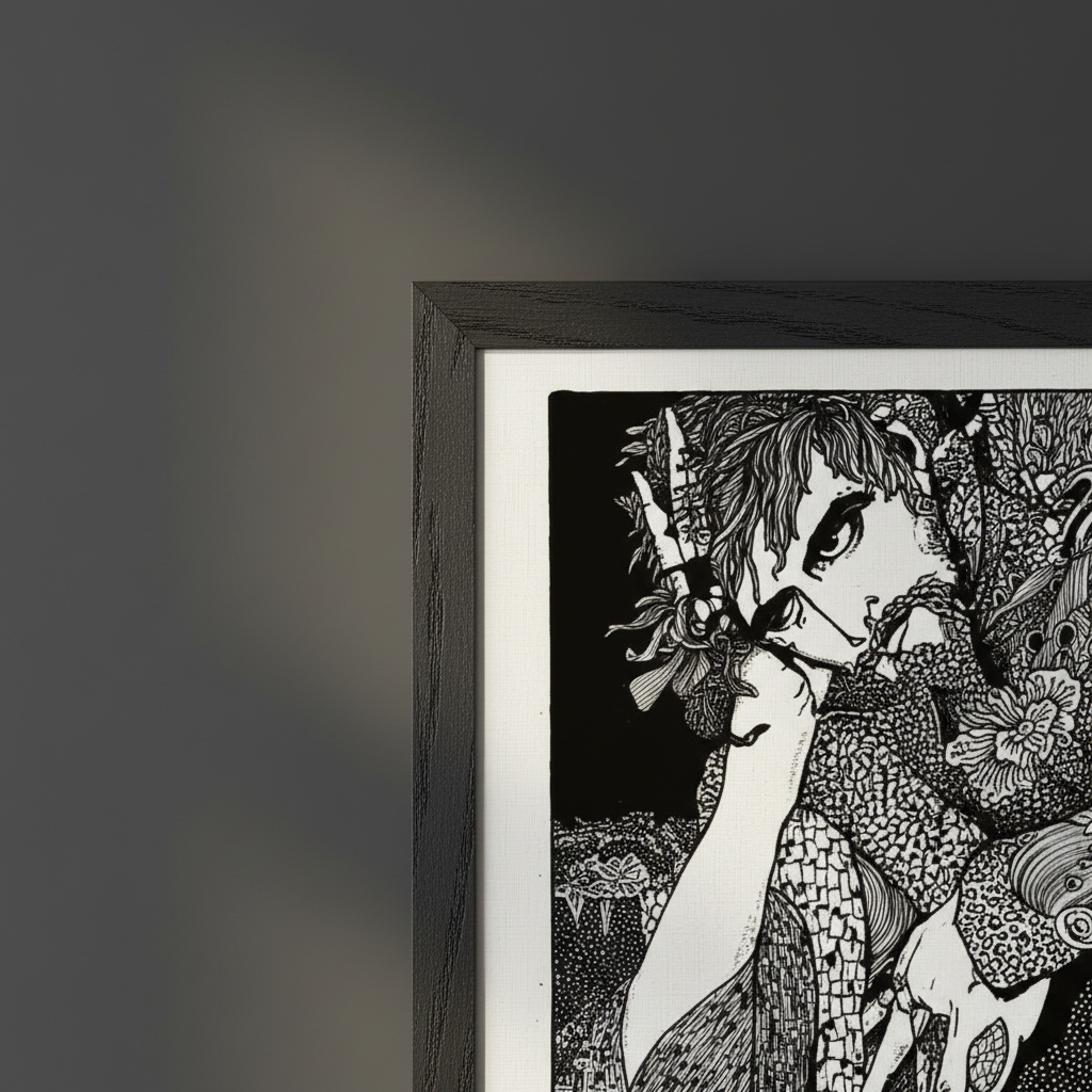 Detail of the black frame corner on a Harry Clarke The Earth Grew Dark print against a grey wall
