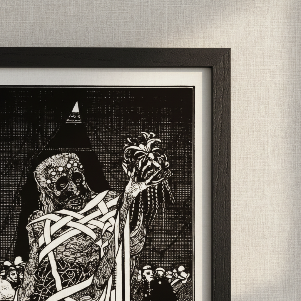 Detail of a black frame corner with white mount on The Dagger Dropped Harry Clarke print