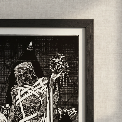 Detail of a black frame corner with white mount on The Dagger Dropped Harry Clarke print
