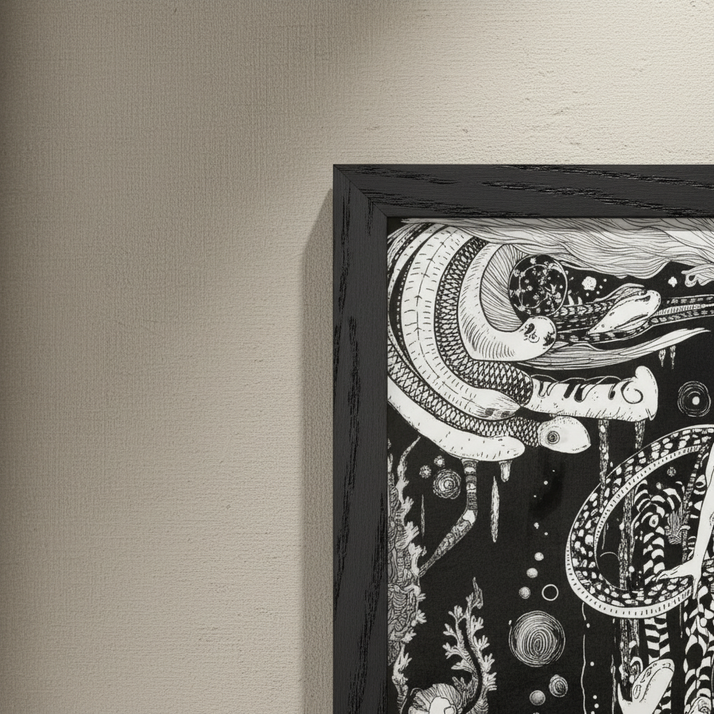 Detail of the black frame corner on a Harry Clarke Little Sea Maid print against a beige wall