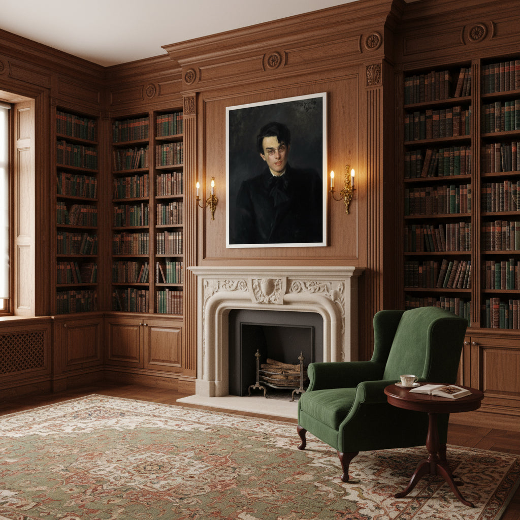 Period library with deep green velvet armchair, shelves of leather-bound books, and a framed Yeats portrait lit by soft golden sconces