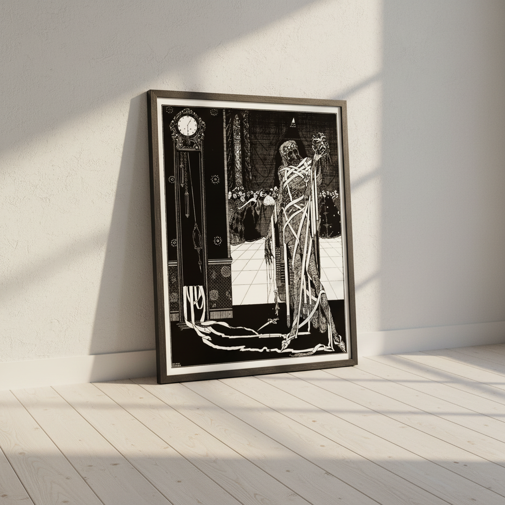 The Dagger Dropped by Harry Clarke in a black frame leaning against a wall on a pale wooden floor