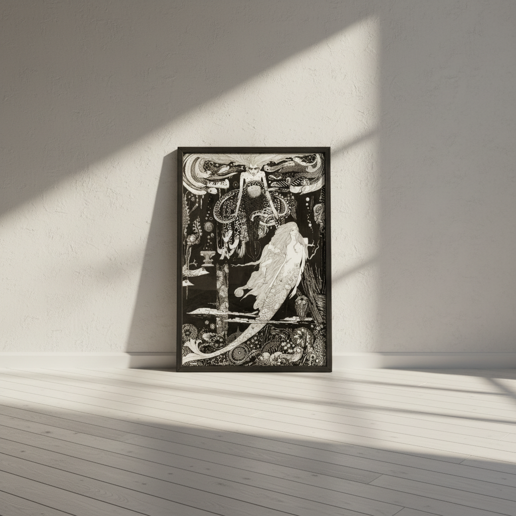 Harry Clarke mermaid illustration The Little Sea Maid in a black frame leaning on the floor of a sunlit room