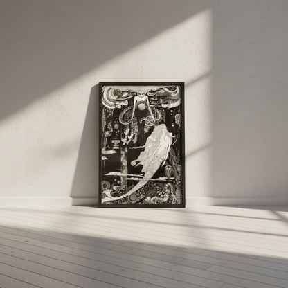Harry Clarke mermaid illustration The Little Sea Maid in a black frame leaning on the floor of a sunlit room