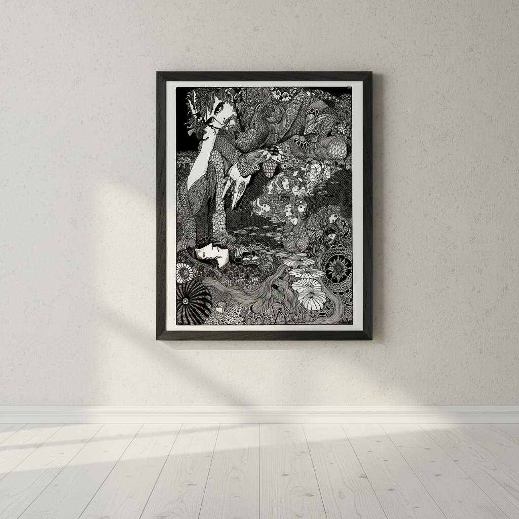 Harry Clarke The Earth Grew Dark in a black frame on a pale wall in a sunlit room