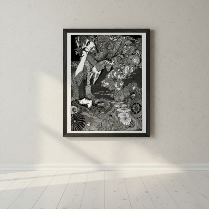Harry Clarke The Earth Grew Dark in a black frame on a pale wall in a sunlit room