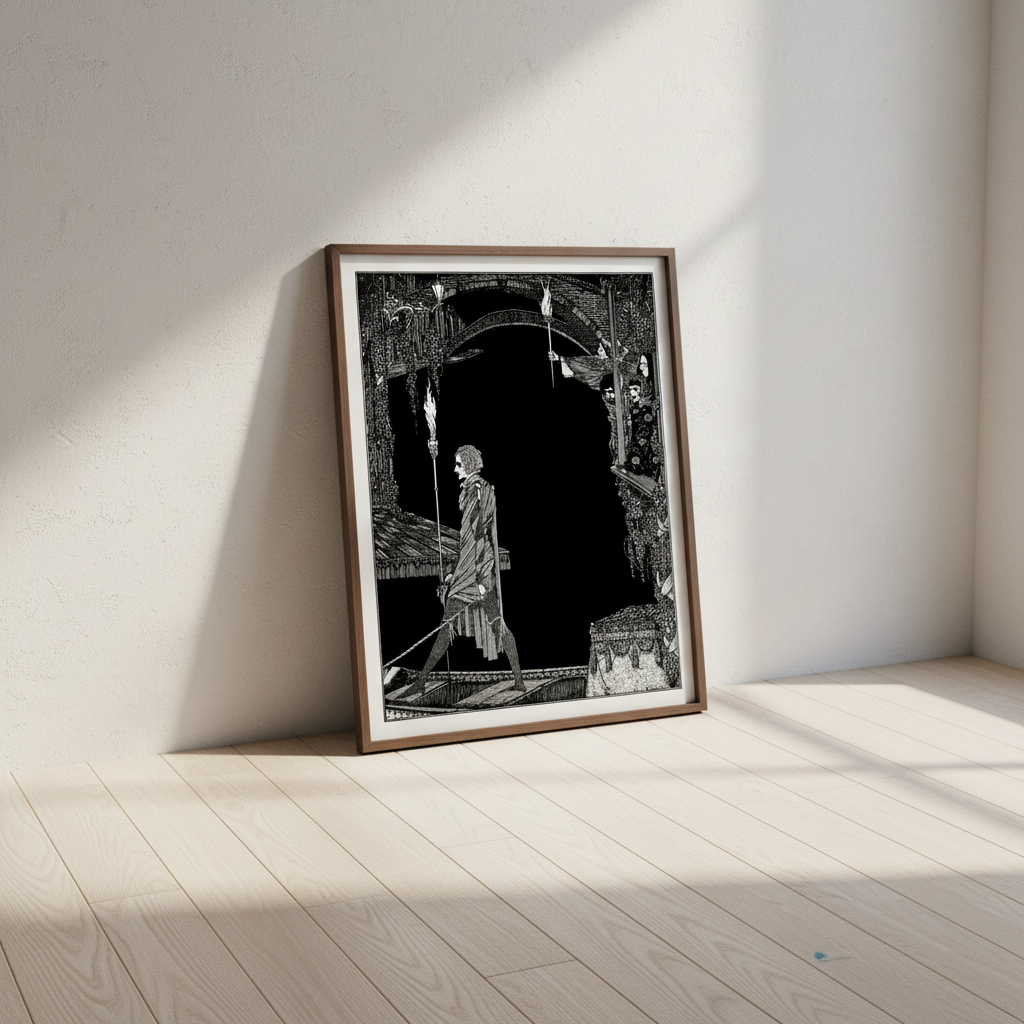 Myself No Power by Harry Clarke framed print in a dark wood frame leaning on a pale wooden floor
