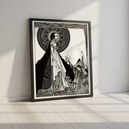 I Would Call Aloud by Harry Clarke in a black frame leaning against a white wall on a pale wooden floor