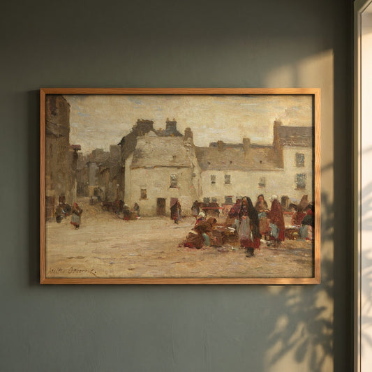 Galway Market Scene by Walter Osborne framed print in a natural oak frame on a dark green wall beside a window, dappled plant shadow