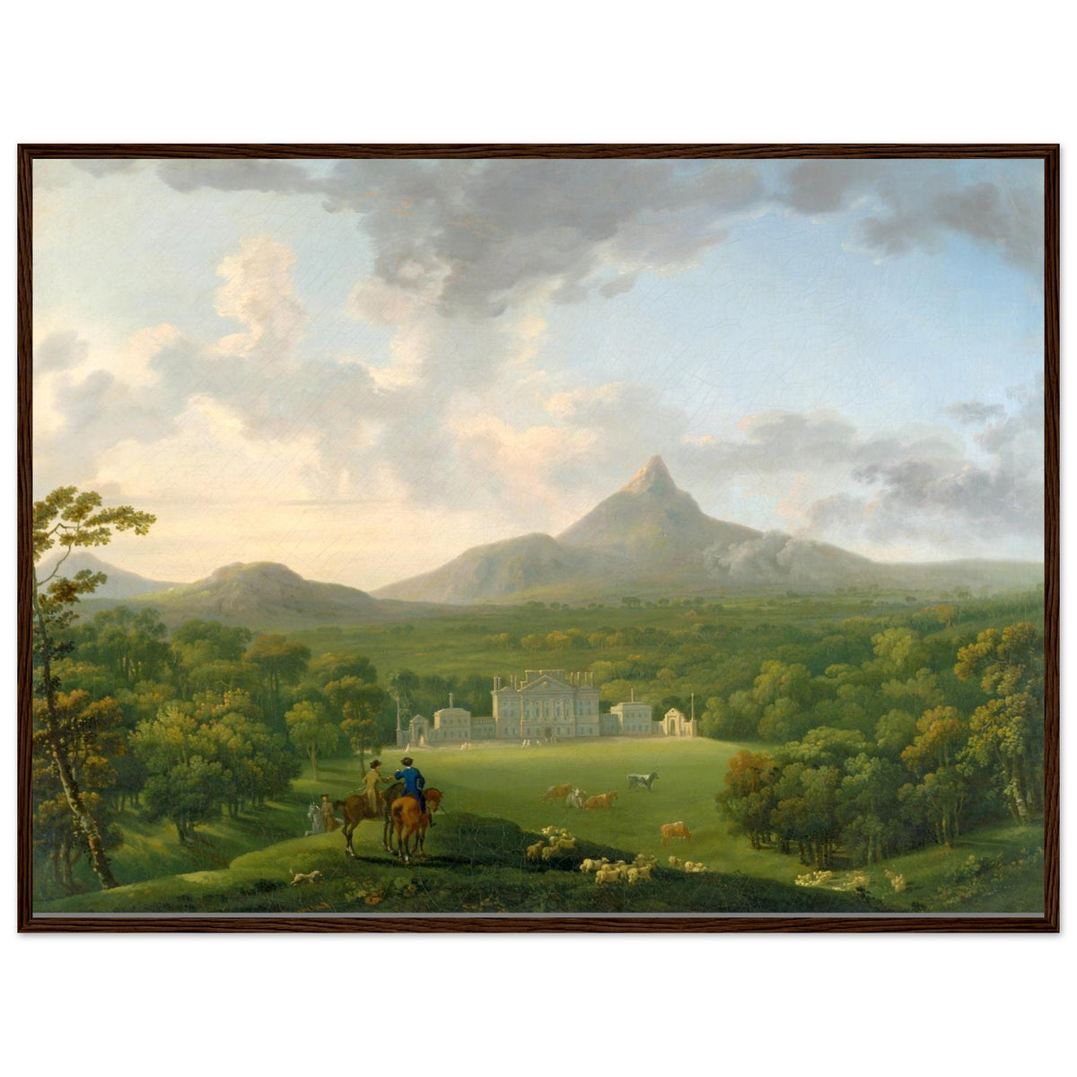 George Barret Powerscourt landscape print in a dark wood frame, straight-on