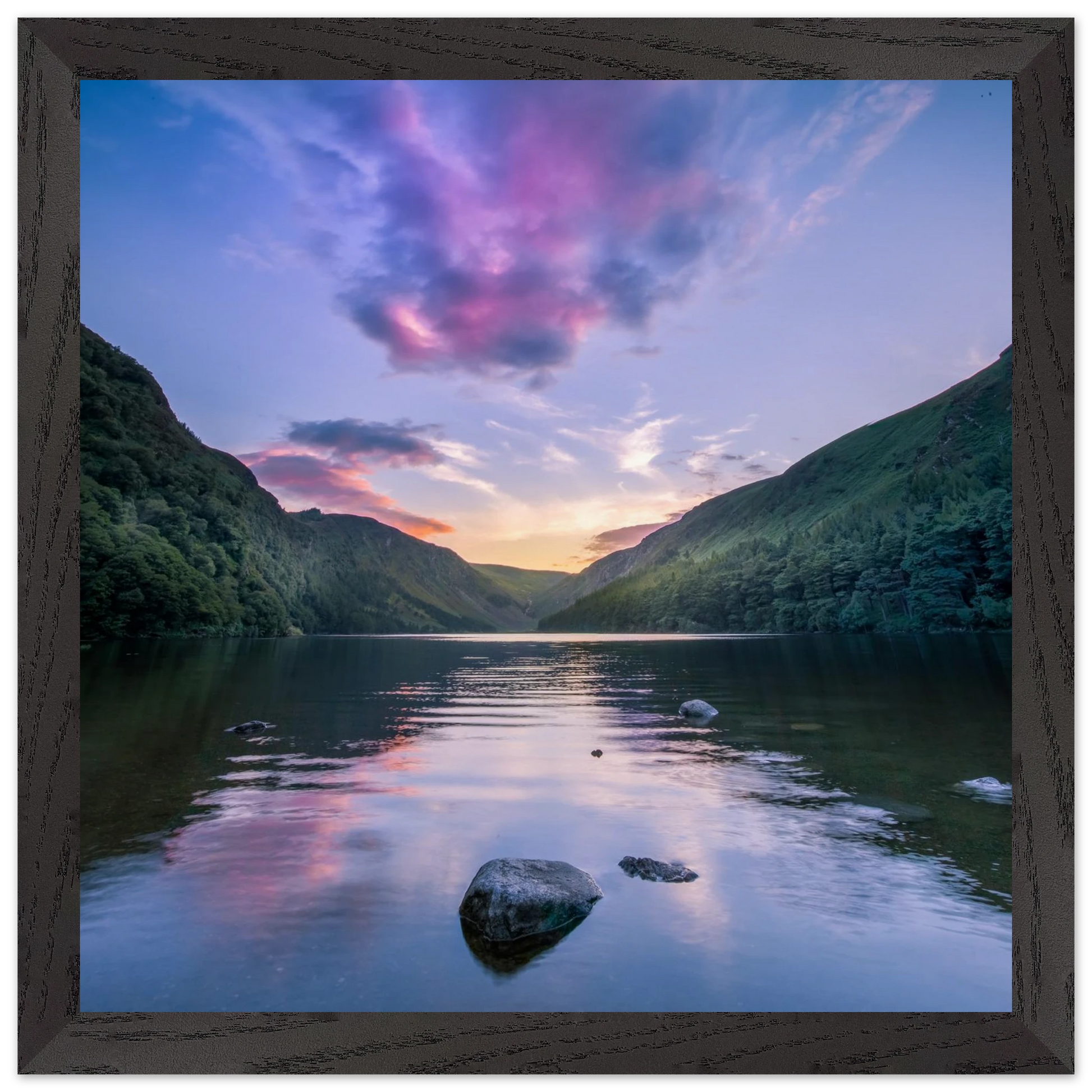 Glendalough Valley Ireland landscape print in black gallery frame, premium wall art décor