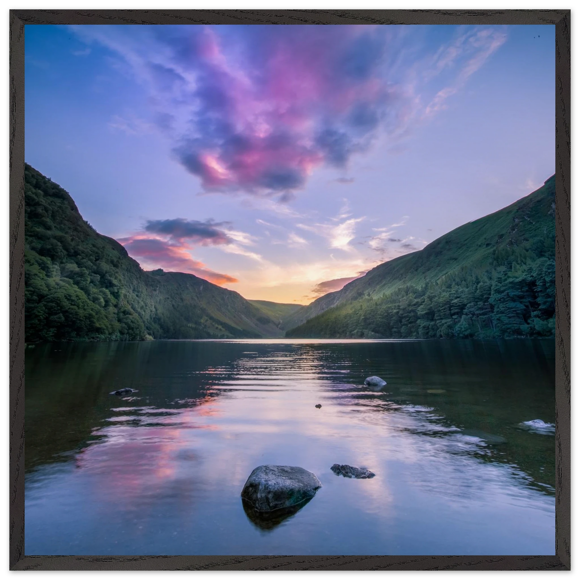 Glendalough Valley Ireland landscape print in black gallery frame, premium wall art décor