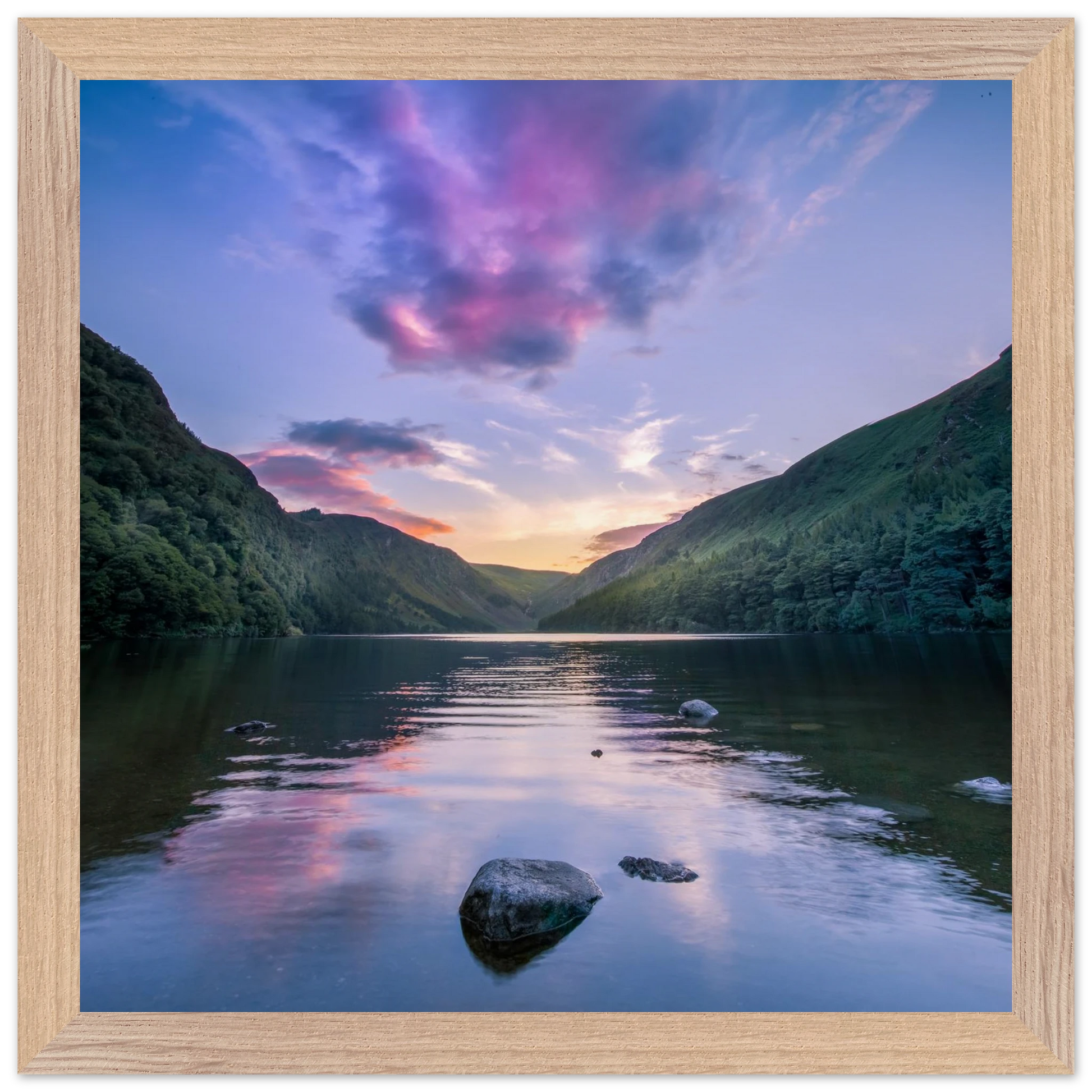 Glendalough Upper Lake framed Irish wall art in natural oak wood frame, premium matte finish