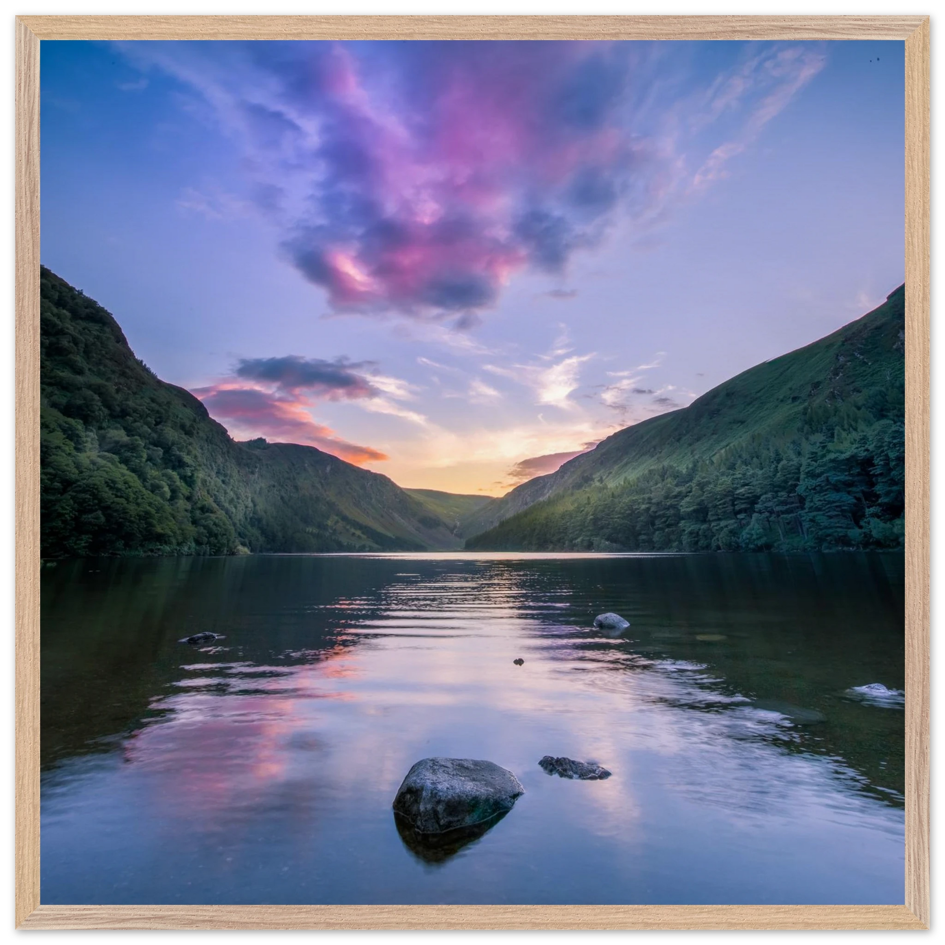 Glendalough Upper Lake framed Irish wall art in natural oak wood frame, premium matte finish