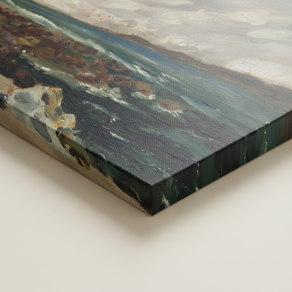 Detail of the canvas corner on Landscape by the Coast by Harry Clarke showing the painted wrapped edge