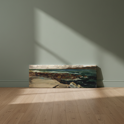 Landscape by the Coast by Harry Clarke canvas leaning against a green wall on a wooden floor