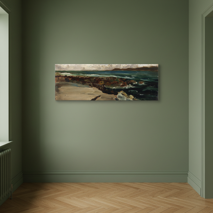 Landscape by the Coast by Harry Clarke panoramic canvas on a sage green wall in an empty room