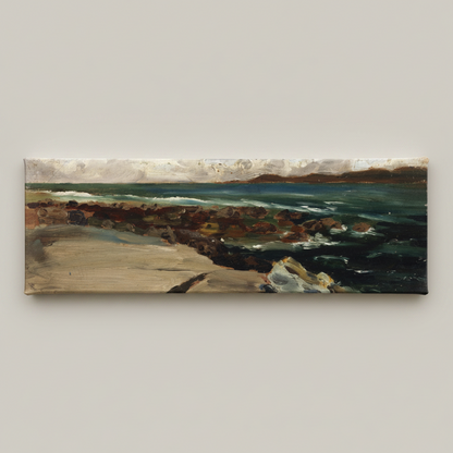 Landscape by the Coast by Harry Clarke, panoramic canvas of a rocky Irish coast on a grey wall