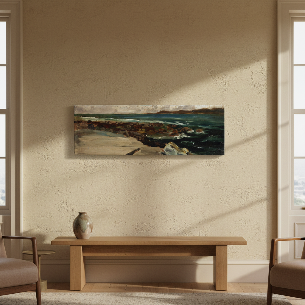 Landscape by the Coast by Harry Clarke canvas print above a wooden table in a warm beige room
