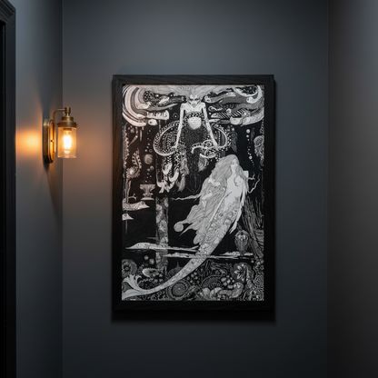 Harry Clarke Little Sea Maid gothic illustration framed print on dark painted stairwell wall with warm wall sconce light