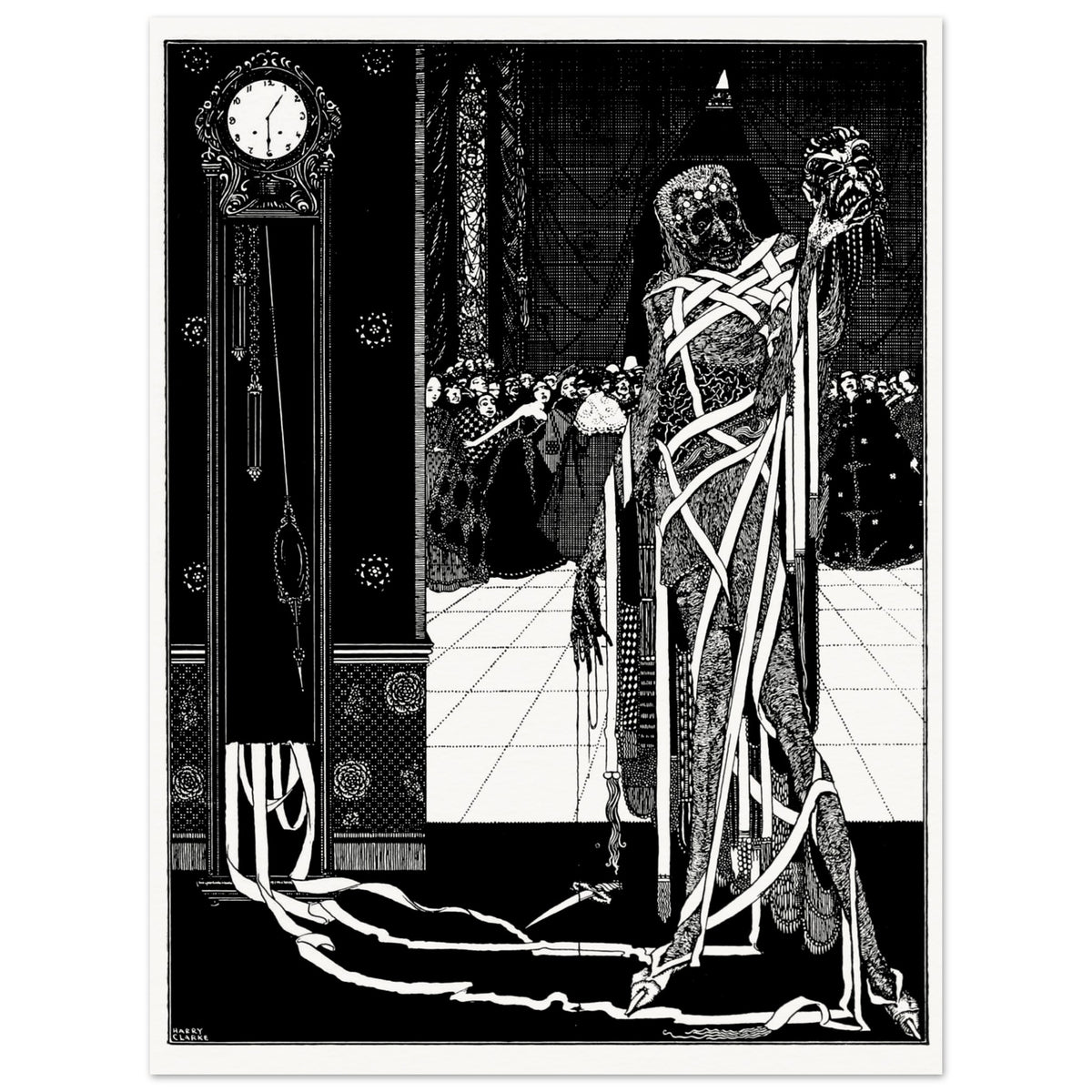 Harry Clarke Masque of the Red Death black and white illustration, cloaked figure and grandfather clock