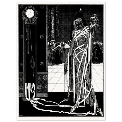 Harry Clarke Masque of the Red Death black and white illustration, cloaked figure and grandfather clock