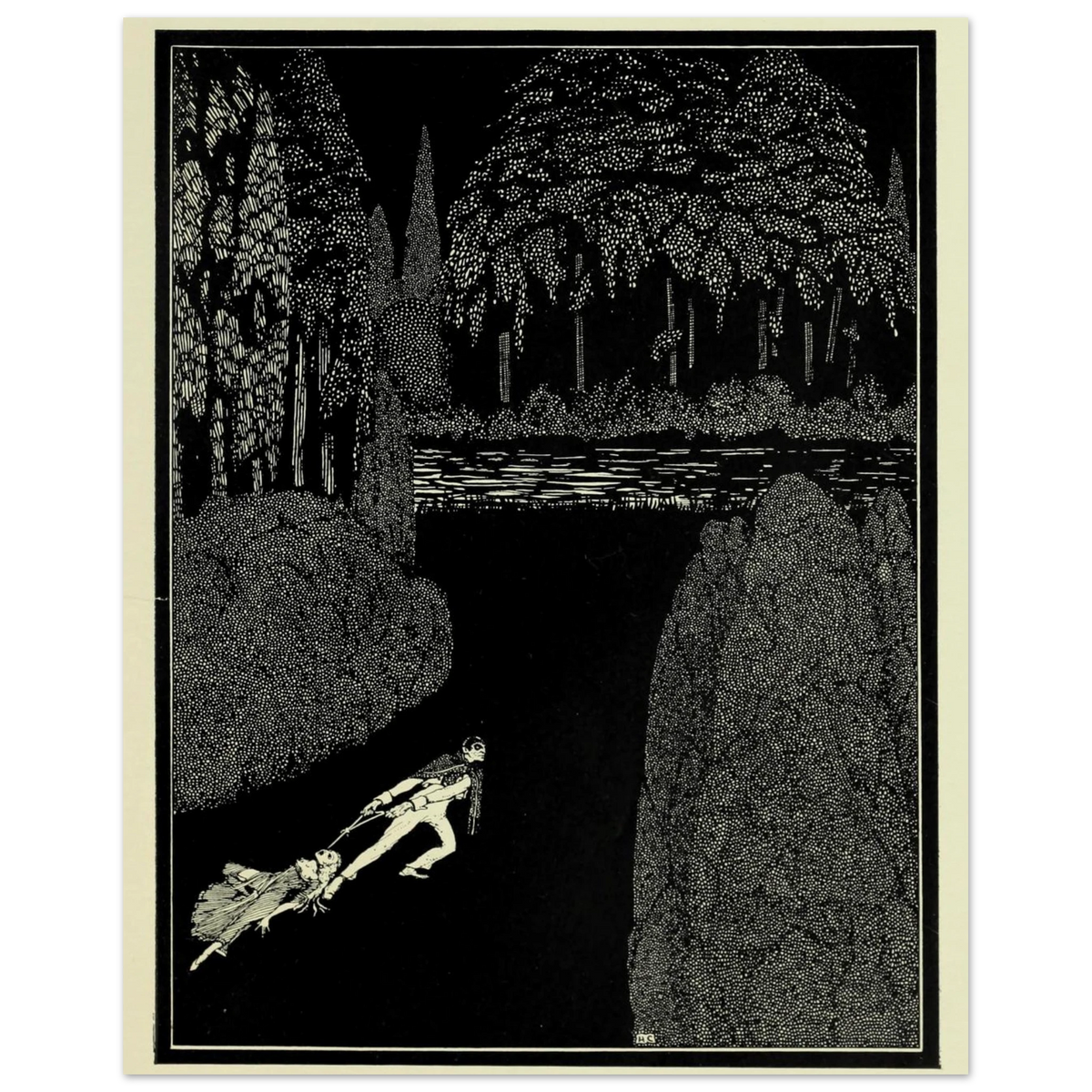 Harry Clarke Poe illustration Toilsome Journey with a cream border on a black background