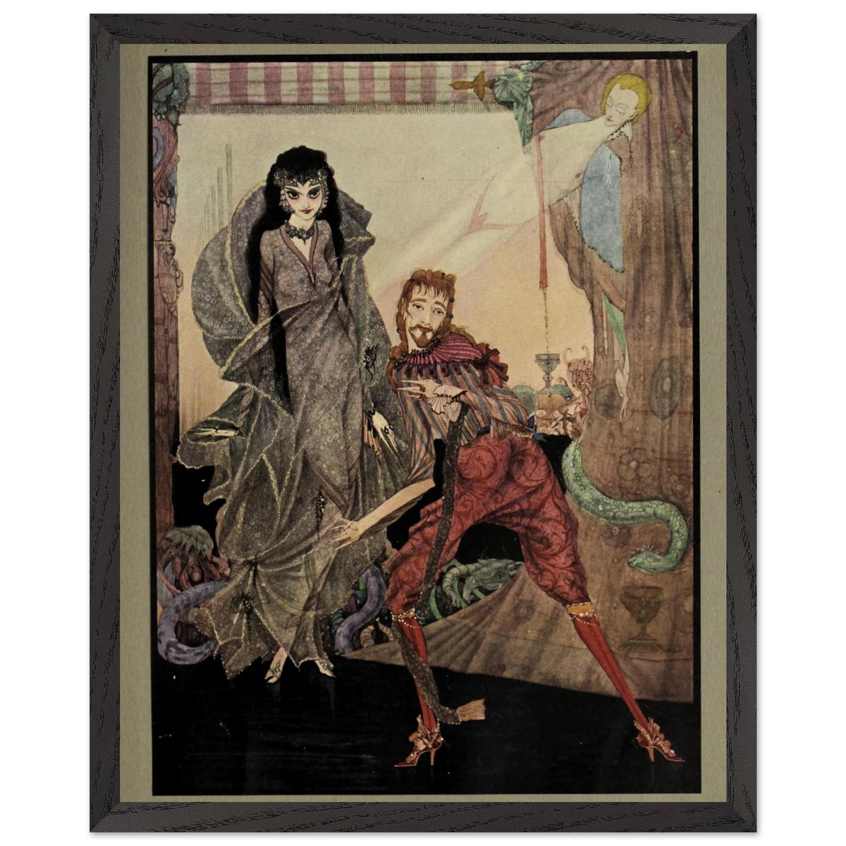 Harry Clarke Slowly Opened Eyes illustration framed in dark wood, straight-on view