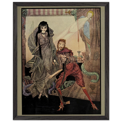 Harry Clarke Slowly Opened Eyes illustration framed in dark wood, straight-on view