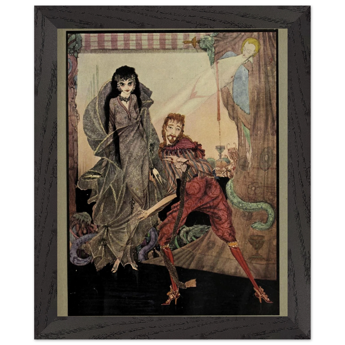 Harry Clarke Slowly Opened Eyes illustration, framed print in a dark wood frame