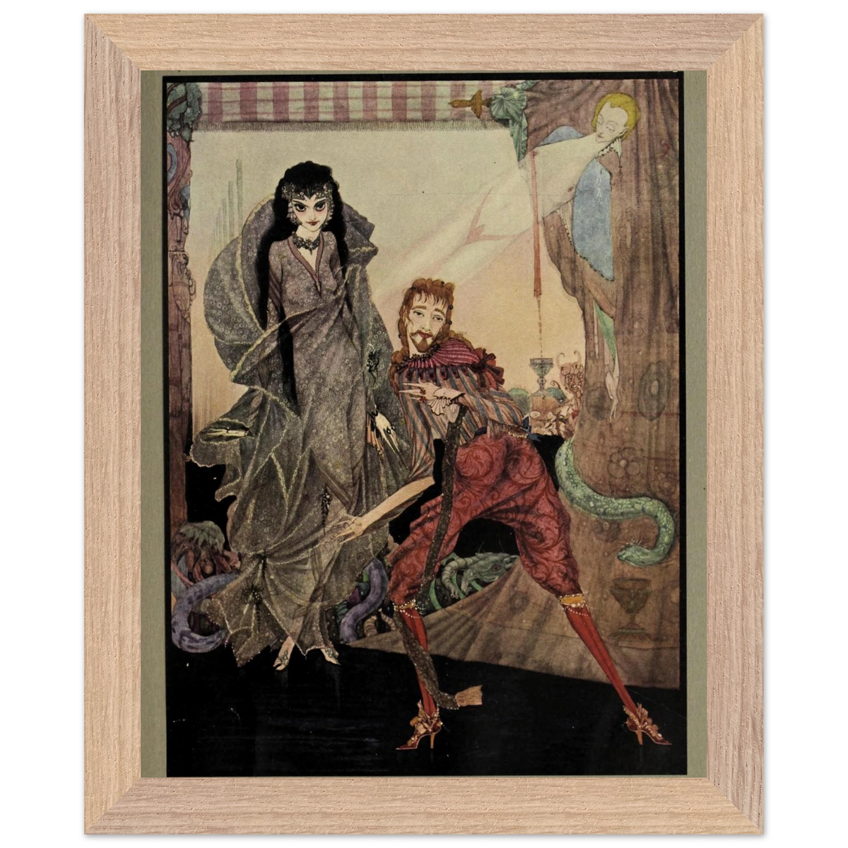 Harry Clarke Slowly Opened Eyes illustration, framed print in a natural oak frame