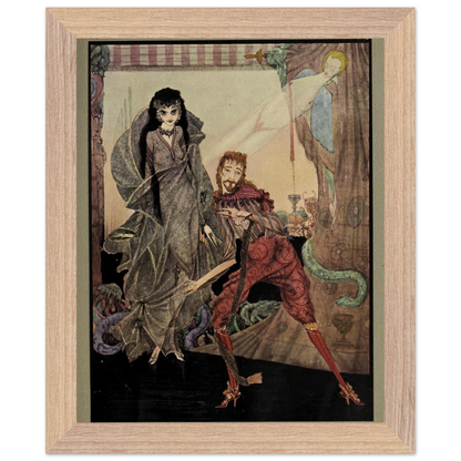 Harry Clarke Slowly Opened Eyes illustration, framed print in a natural oak frame