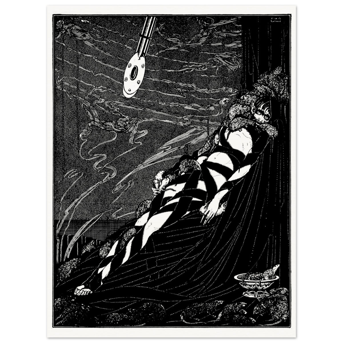 Harry Clarke Swarmed Upon Me unframed print, black ink illustration with swinging pendulum