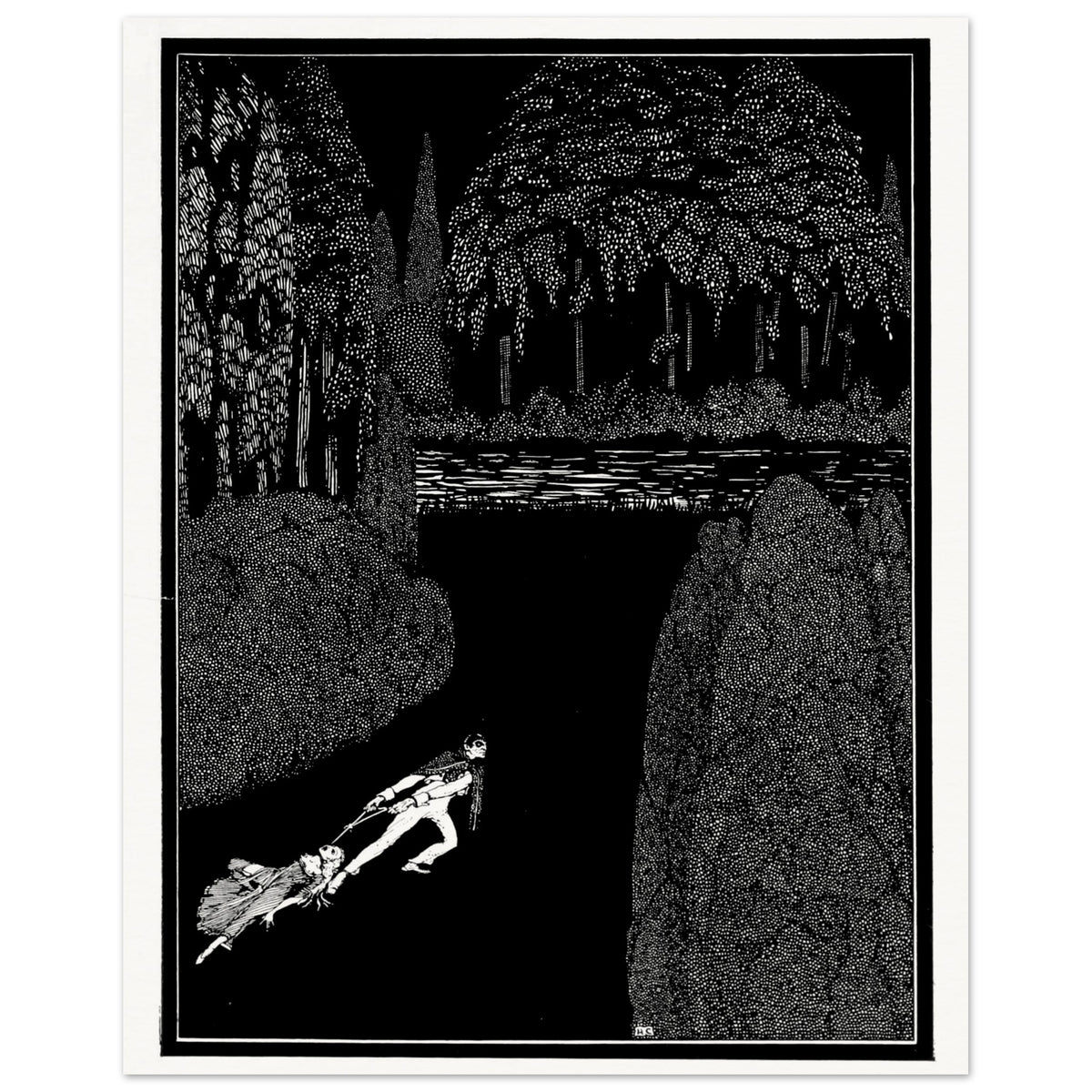 Harry Clarke Toilsome Journey print with a white border, figures crossing a dark wooded landscape