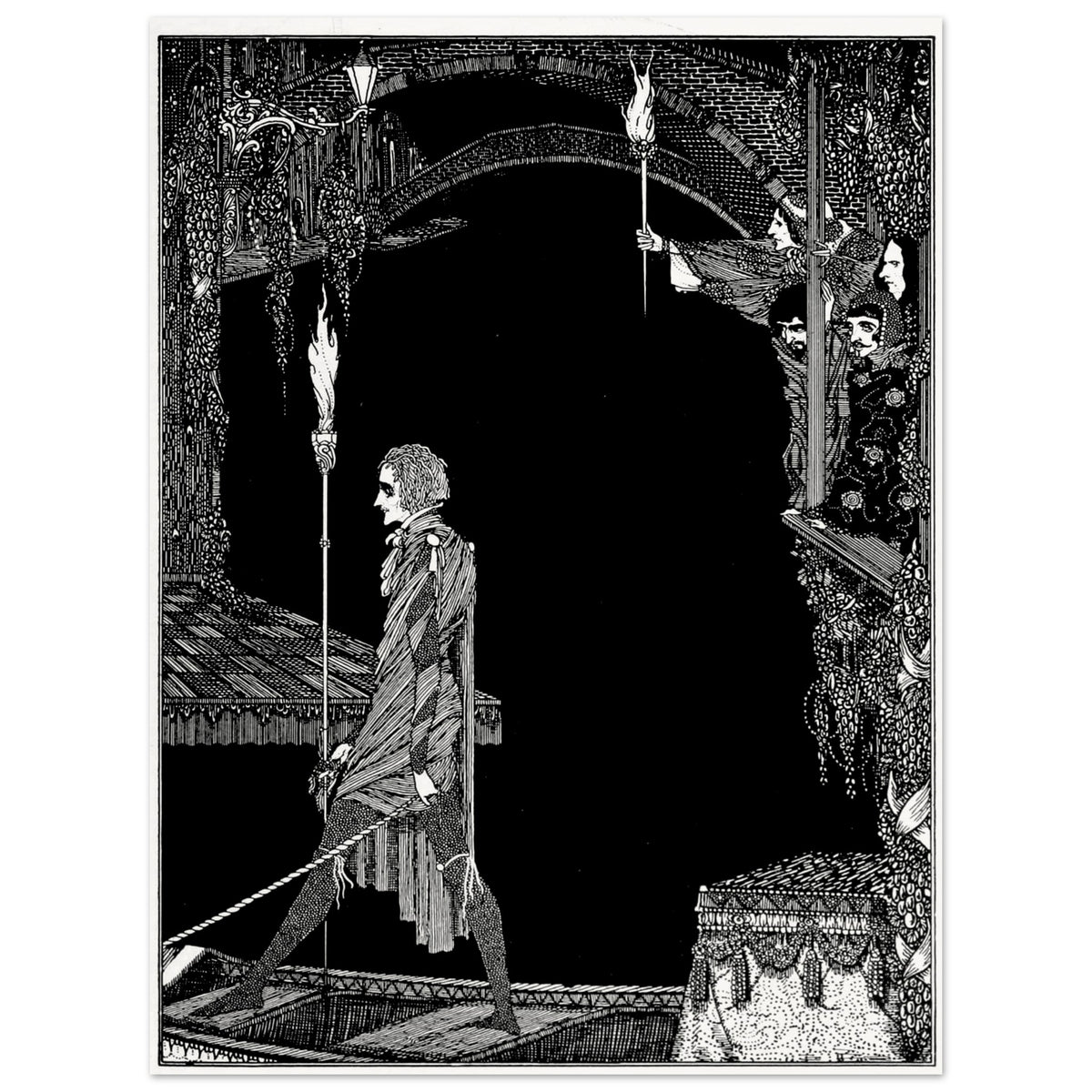 Harry Clarke William Wilson illustration, figure with a cane walking beneath torches and a dark arch
