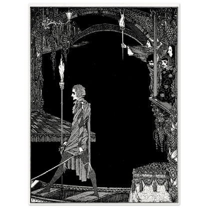 Harry Clarke William Wilson illustration, figure with a cane walking beneath torches and a dark arch