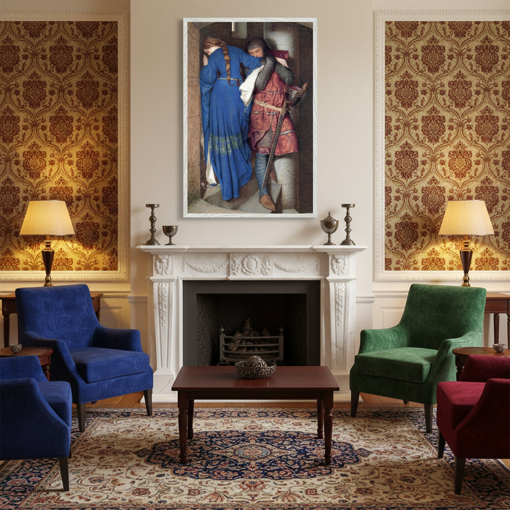 The Meeting on the Turret Stairs above a marble fireplace in an Edwardian drawing room. Velvet armchairs, patterned wallpaper, and warm lamplight create a refined historical ambience
