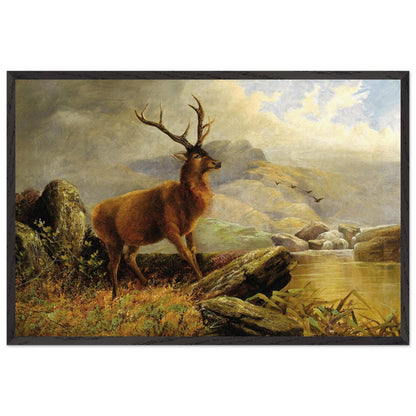 Henry Morris stag painting in a slim black frame, antlered stag under a stormy sky