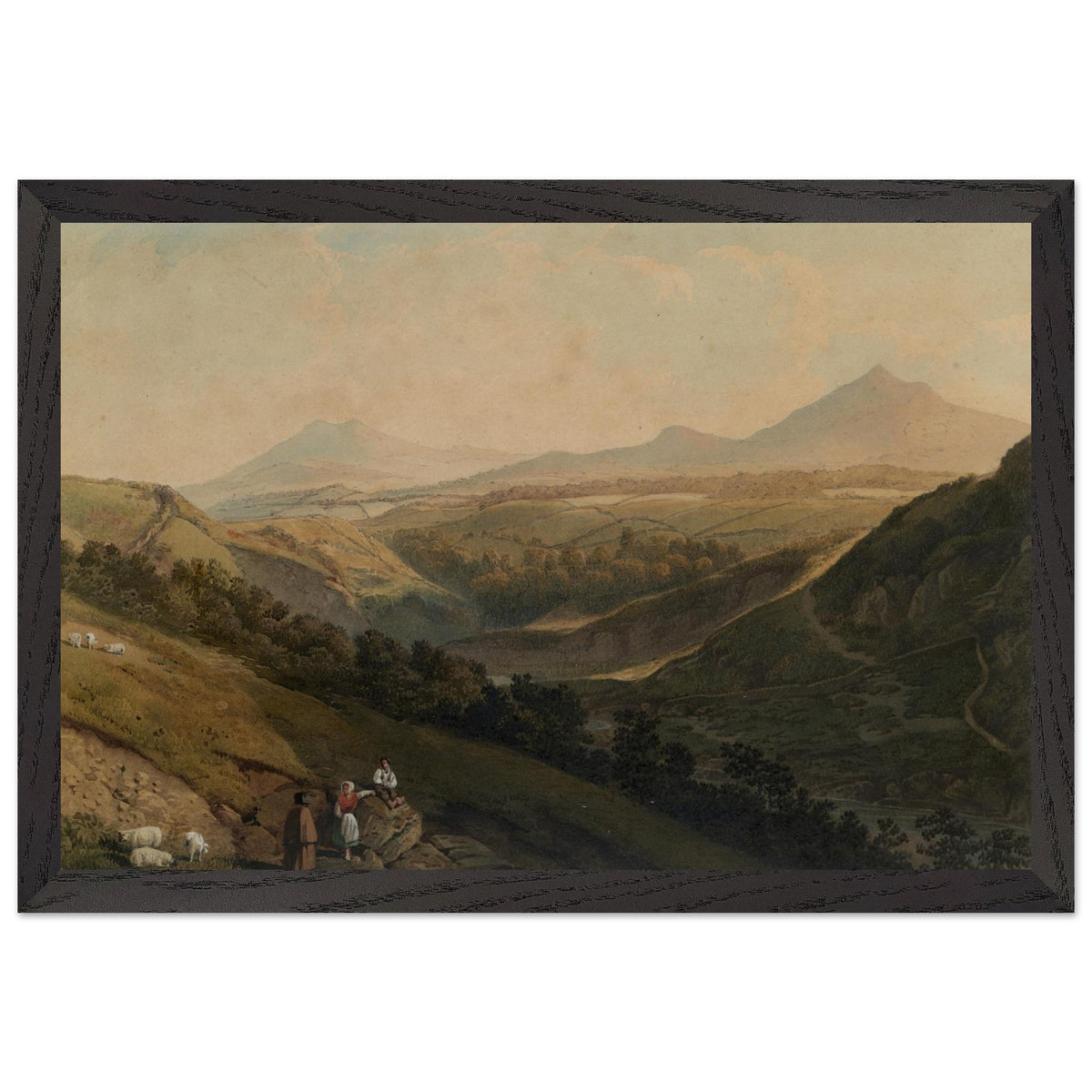 Henry Newton Little and Great Sugar Loaf print in a black frame, figures on a hillside