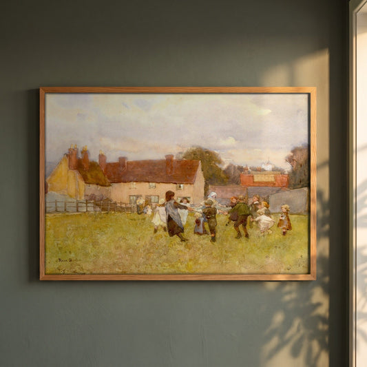 Here We Dance, Lubin Lubin by Rose Barton framed print in a natural oak frame on a dark green wall beside a window, dappled plant shadow