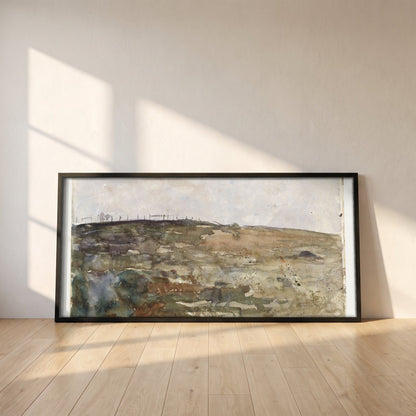 Hillside Heather framed print in a black frame leaning against a white plaster wall on oak floorboards in morning light