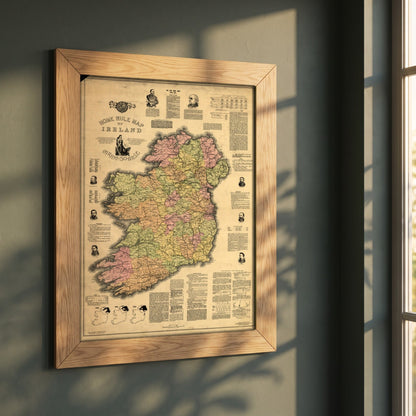 Home Rule Map of Ireland 1893 framed print in a natural oak frame on a dark green wall beside a window, dappled plant shadow