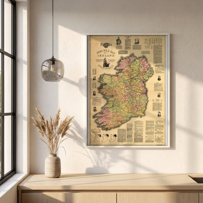 Home Rule Map of Ireland 1893 framed print in a white frame on a plaster wall above an oak worktop in a bright Scandinavian kitchen