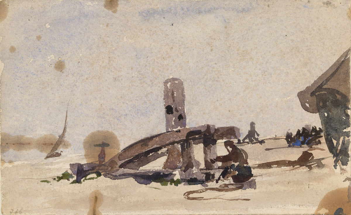 A Kneeling Man on the Beach by Nathaniel Hone the Younger, graphite and watercolour sketch