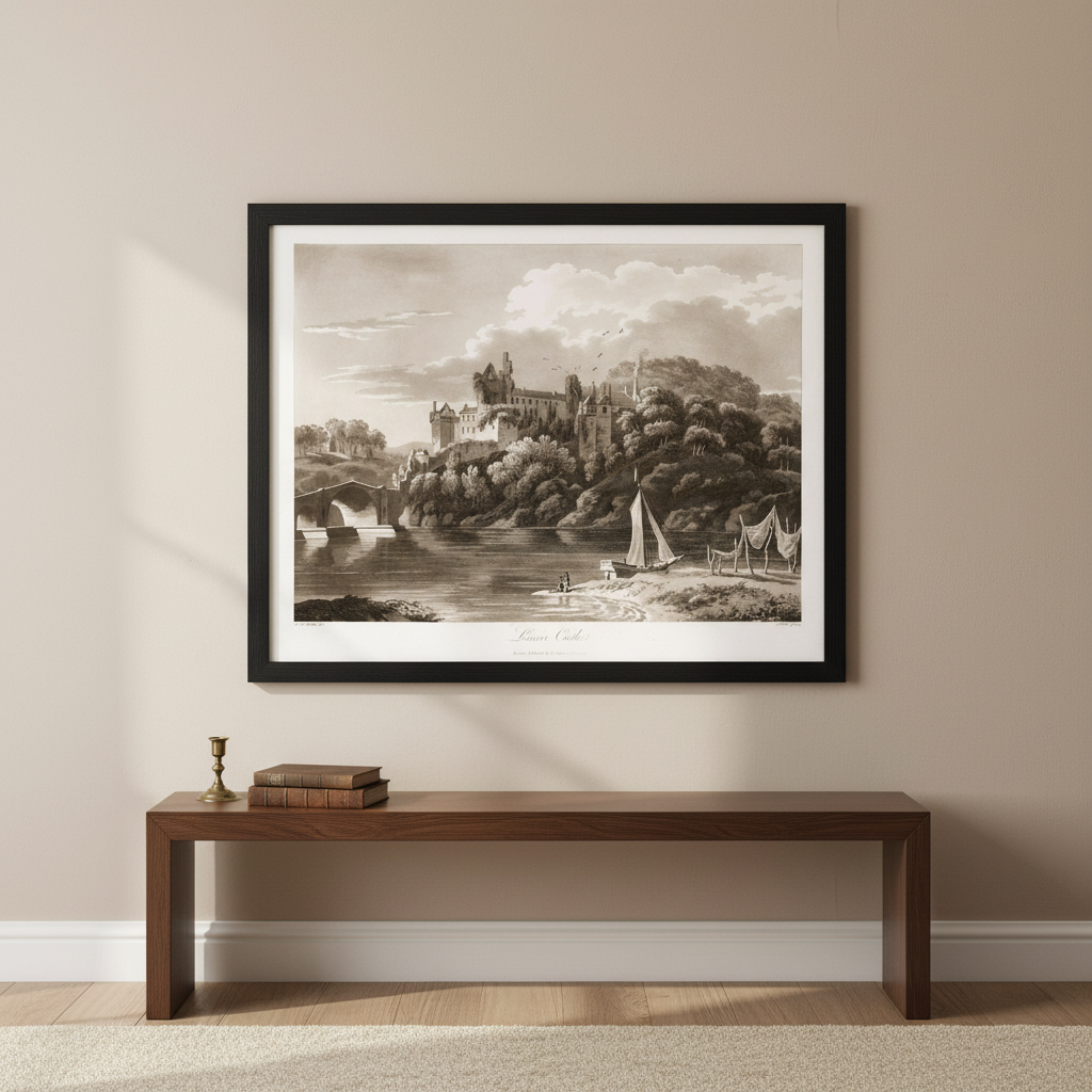 Lismore Castle by Thomas Sautelle Roberts in a black frame with white mount above a bench