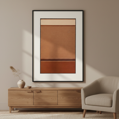 Gradated Tones of Broken Red by James Ward framed print in a black frame above an oak sideboard and armchair