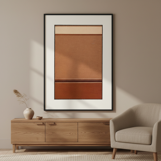 Gradated Tones of Broken Red by James Ward framed print in a black frame above an oak sideboard and armchair
