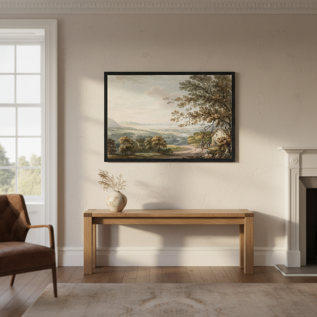 Thomas Sautelle Roberts' Countryside near Bray, Wicklow displayed in an elegant Irish period-home living room