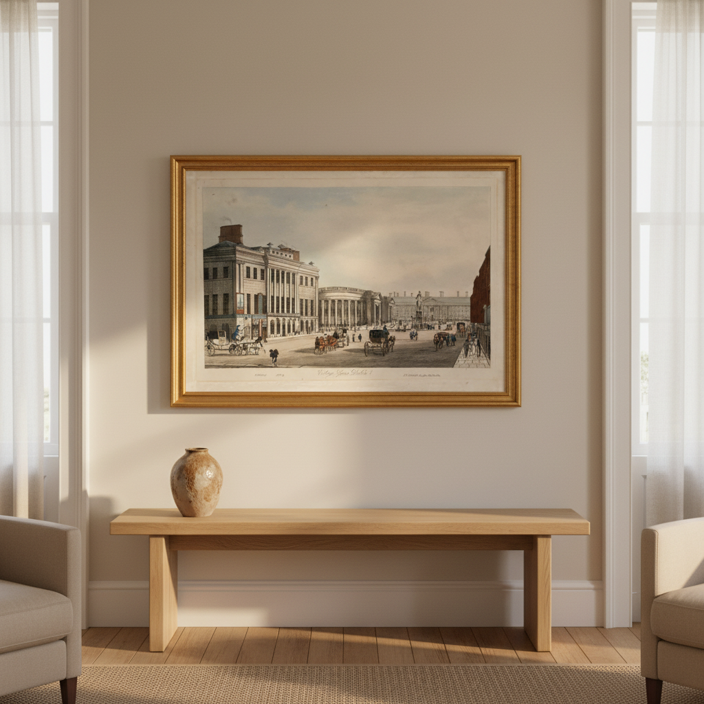 College Green, Dublin antique print in a gilt frame above a wooden console table between two armchairs
