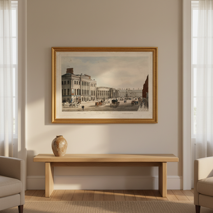 College Green, Dublin antique print in a gilt frame above a wooden console table between two armchairs